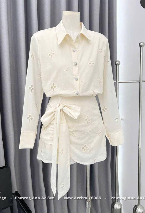 Cotton Hollow Out Embroidered Shirts With Mini Skirts